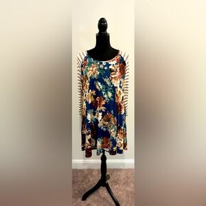 Pink Coconut Boutique Blue Floral Striped Sleeved Dress - Size Small